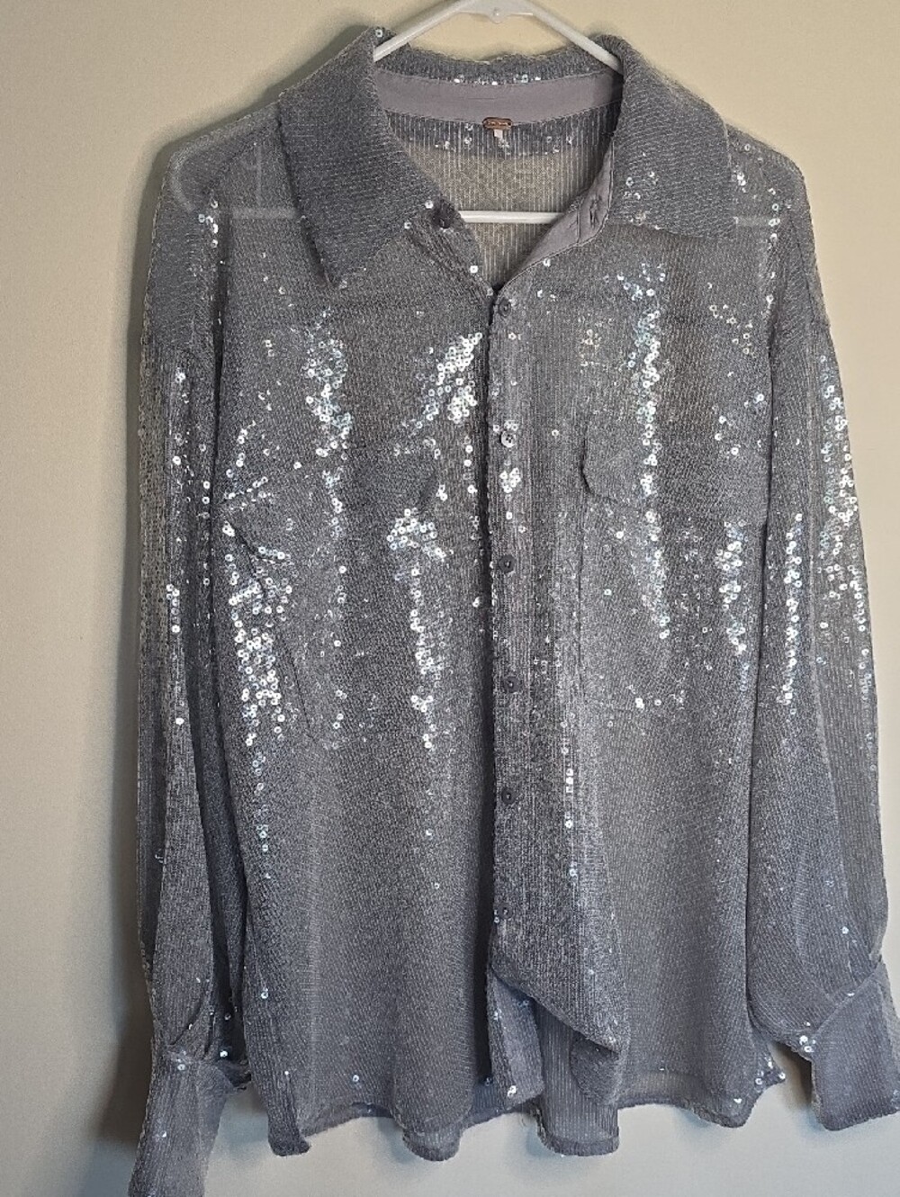Free People Disco Margahrita Silver Sequin Button-Down Blouse - Picture 2 of 6